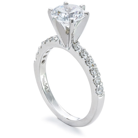 Round 1.5 carat solitaire with lab grown diamond look cubic zirconia in 14k gold, 18k gold or platinum.