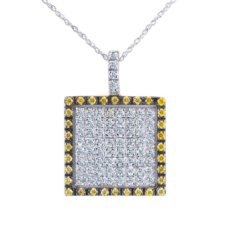 Quadrata square canary lab grown diamond look and white diamond look cubic zirconia pave pendant in 14K two tone gold.