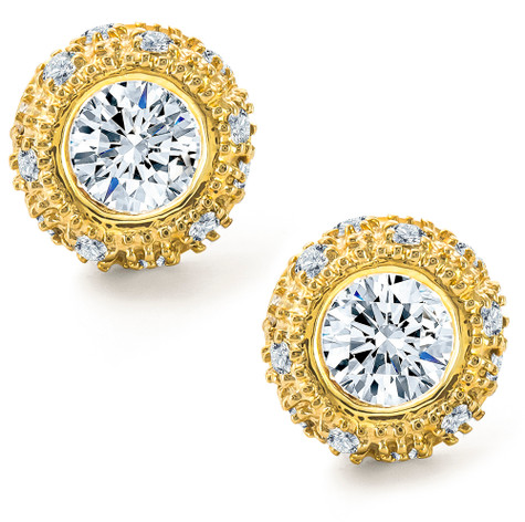 Dazzle .50 carat bezel set round man made diamond look cubic zirconia domed pave stud earrings in 14k yellow gold.