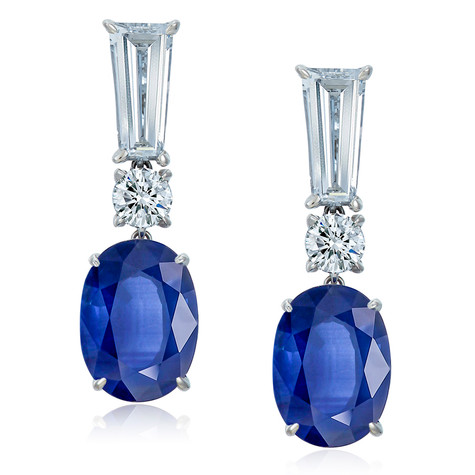 Vail 2.5 carat sapphire gemstone oval baguette round lab grown diamond alternative cubic zirconia drop earrings in Platinum.