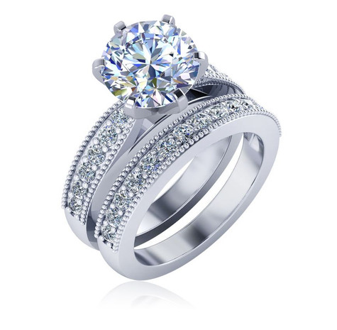 Round Cathedral Milgrain Beaded Pave Wedding Set with lab grown diamond alternative cubic zirconia in 14k white gold.
