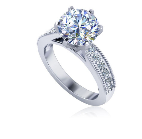 Round Cathedral Milgrain Beaded Pave Solitaire with lab grown diamond simulant cubic zirconia in 14k white gold.