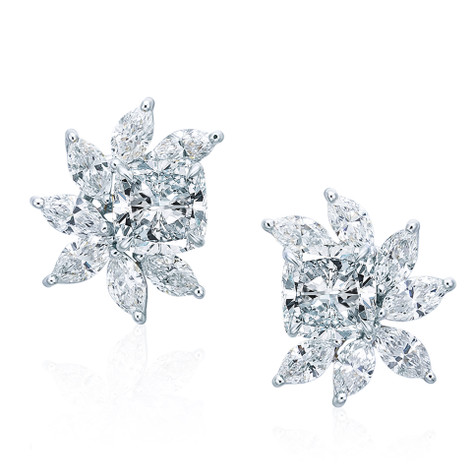 Balmora cushion cut and marquise cluster spray lab grown diamond look cubic zirconia earrings in 14k white gold.