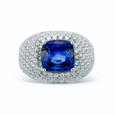 Dorset 5.5 carat cushion cut created blue sapphire lab-grown diamond simulated cubic zirconia pavé dome ring in platinum.