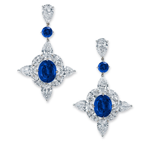 Dominion oval man made sapphire laboratory grown diamond look cubic zirconia cluster drop earrings in 14k white gold.