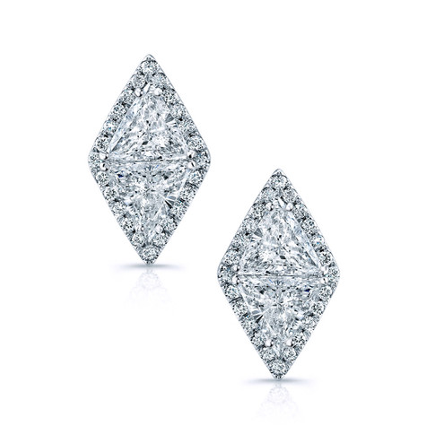 Magna double trillion triangle lab grown diamond alternative cubic zirconia halo earrings in 14k white gold.