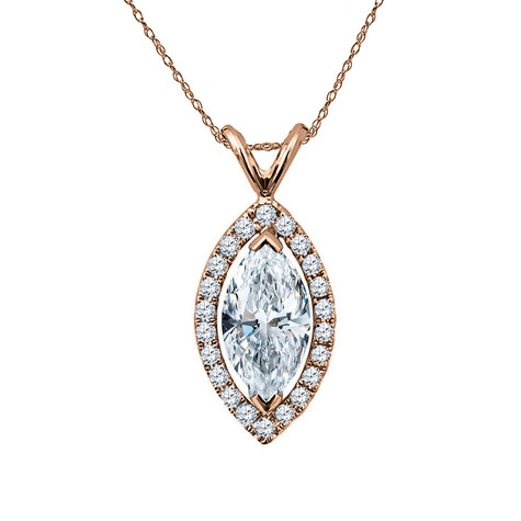 Navette Marquise 2 Carat Pear Halo Pendant with lab grown diamond simulant cubic zirconia in 14k rose gold.