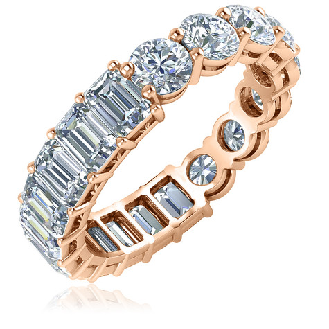 Alternity .25 carat round and emerald step cut laboratory grown diamond look cubic zirconia eternity band in 14k rose gold.
