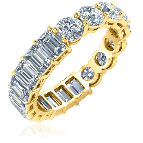 Alternity .25 carat round and emerald step cut laboratory grown diamond simulant cubic zirconia eternity band in 18k yellow gold.