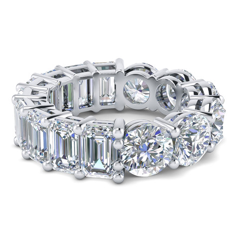 Alternity .75 carat round and emerald step cut lab grown diamond quality cubic zirconia eternity band in 14k white gold.