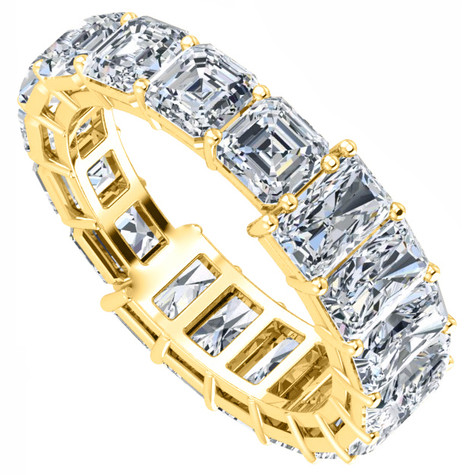 Alternity .50 carat asscher cut and emerald radiant cut lab grown diamond simulant cubic zirconia eternity band in 18k yellow gold.