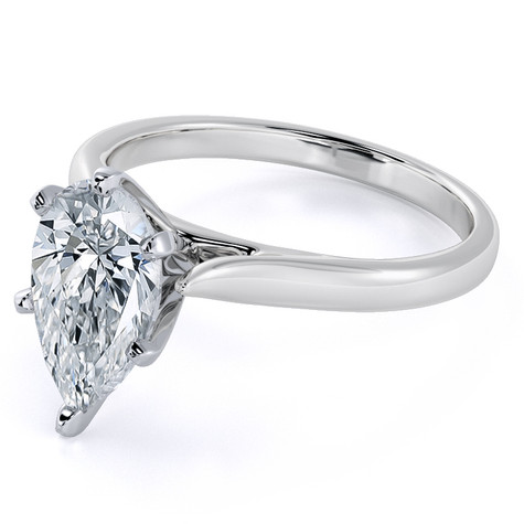 Pear shape 1.5 carat laboratory grown diamond look cubic zirconia cathedral solitaire engagement ring in 14k white gold.