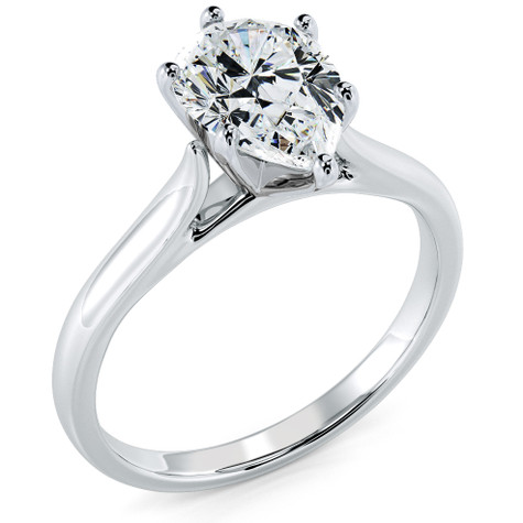 Pear shape 1.5 carat lab grown diamond alternative cubic zirconia cathedral solitaire engagement ring in 14k white gold.