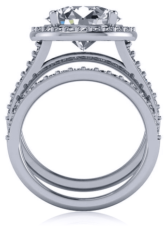 Round 7 carat pave halo lab grown diamond alternative cubic zirconia split shank cathedral wedding set in platinum.