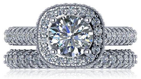 Round 1.5 Carat Pave Halo Cathedral Bridal Set with simulated lab grown diamond quality cubic zirconia in 18k white gold.