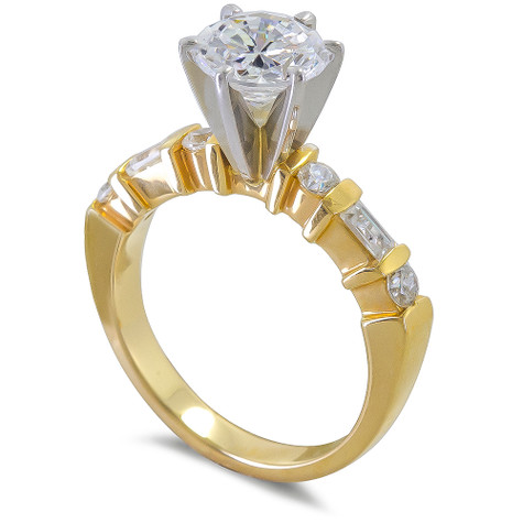 Alternating 1.5 Carat Round and Baguette Channel Bridal Set with lab grown diamond quality cubic zirconia in 14k yellow gold.