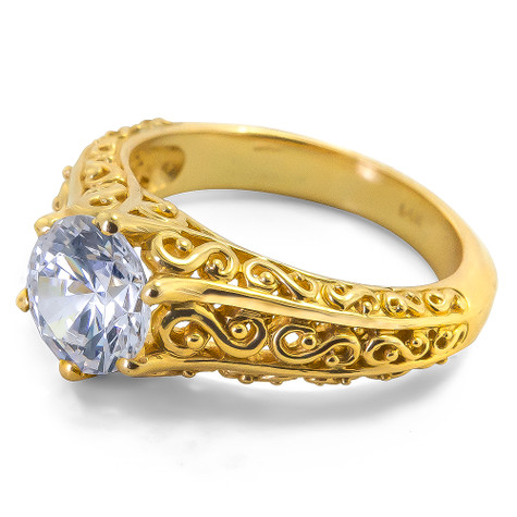 Round 2 Carat Antique Scroll Bridal Set with laboratory grown diamond quality cubic zirconia in 14k yellow gold.
