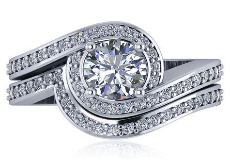 Round 1 Carat Swirl Halo Pave Wedding Set with lab grown diamond simulant cubic zirconia in platinum.
