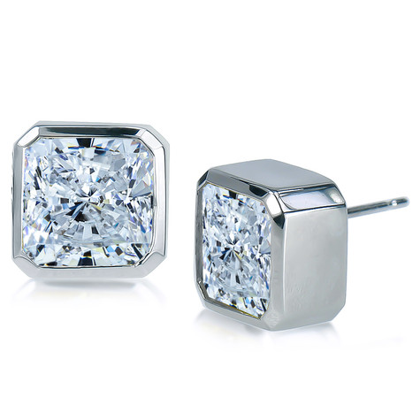 Princess cut square bezel set lab created canary diamond look cubic zirconia stud earrings in 14k white gold.
