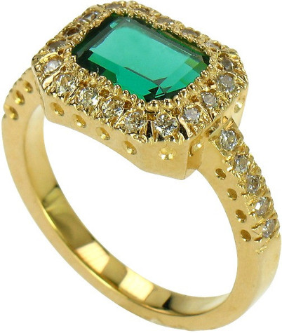 Gervase 1.5 carat emerald cut laboratory grown diamond alternative cubic zirconia horizontal halo engagement ring in 14k yellow gold.