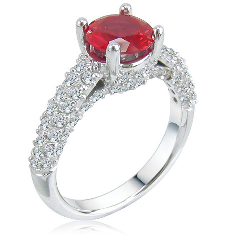 Correlli 1.25 carat man made ruby round laboratory grown diamond simulant cubic zirconia cathedral pave encrusted engagement ring in 14k white gold.