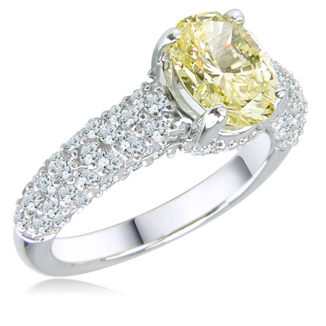 Correlli 1 carat oval canary laboratory grown diamond look cubic zirconia cathedral pave encrusted engagement ring in 14k white gold.