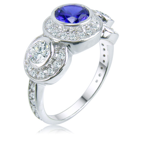 Cavalier 1 carat round sapphire gemstone bezel set three stone lab grown diamond look cubic zirconia halo engagement ring in 14k white gold.