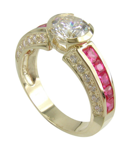 Round 1 Carat Semi Bezel Ruby Princess Cut Channel Set Engagement Ring with lab grown diamond look cubic zirconia in 14k yellow gold.