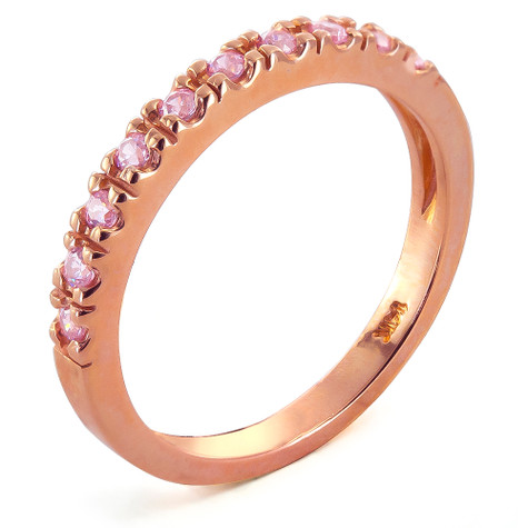 Pillar prong set round pink lab grown diamond simulant cubic zirconia anniversary wedding band in 14k rose gold.