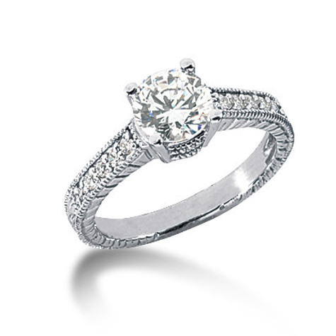 Claudine 1 carat round lab grown diamond quality cubic zirconia pave engraved solitaire engagement ring in 14k white gold.