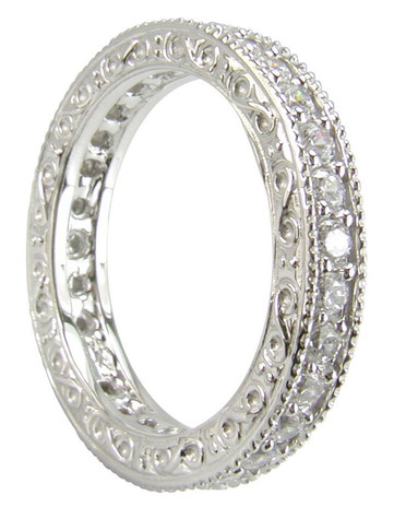 Engraved pave set round milgrain lab grown diamond quality cubic zirconia eternity band in 14k white gold.