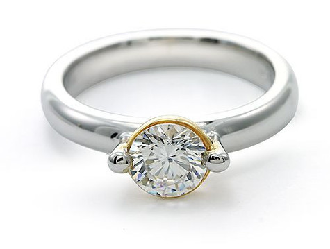 Floating Bezel Set 1 Carat Round Engagement Ring with lab grown diamond simulant cubic zirconia in 14k two tone gold.