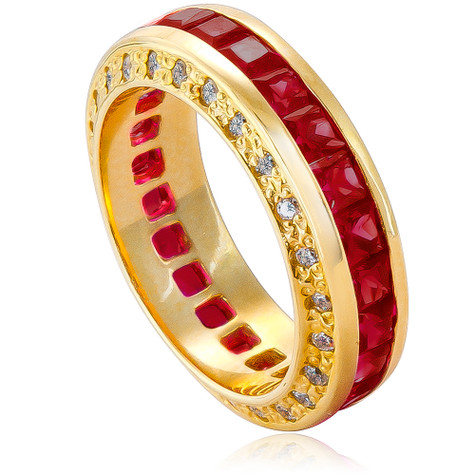 Channel set princess cut and pave set round man made ruby and laboratory grown diamond quality cubic zirconia eternity band in 14k yellow gold.