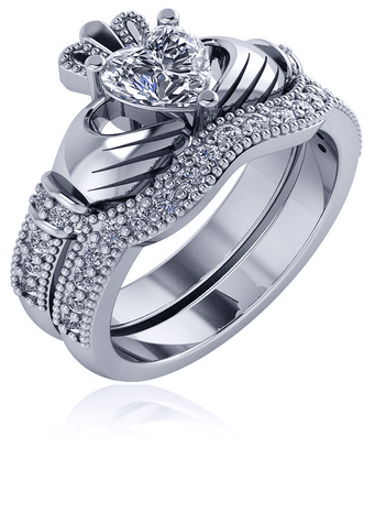 Claddagh 1 Carat Heart Pave Engagement Ring Wedding Set with lab grown diamond alternative cubic zirconia in 14k white gold.
