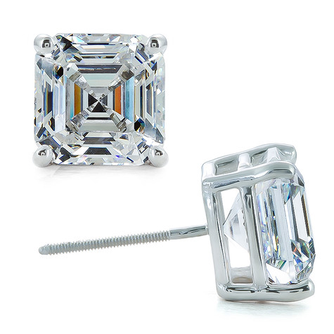 Asscher cut 4 carat lab grown diamond simulant cubic zirconia basket set stud earrings in 14k white gold with screw backs.
