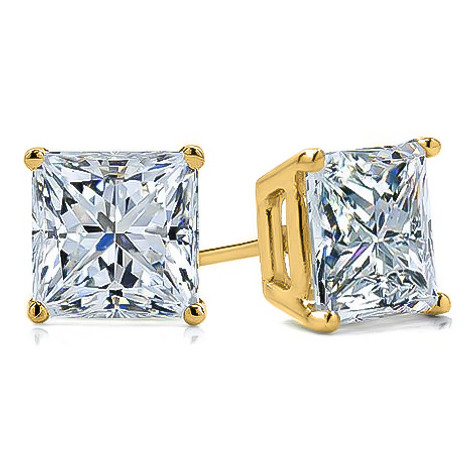 Princess cut square lab grown diamond look cubic zirconia basket set stud earrings in 14k yellow gold with friction posts.