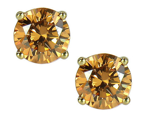 Round 3.5 carat each cognac lab grown diamond alternative cubic zirconia four prong basket set stud earrings in 14k yellow gold.