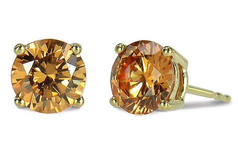 Round cognac 3.5 carat each cognac laboratory grown diamond simulant cubic zirconia four prong basket set stud earrings in 14k yellow gold.