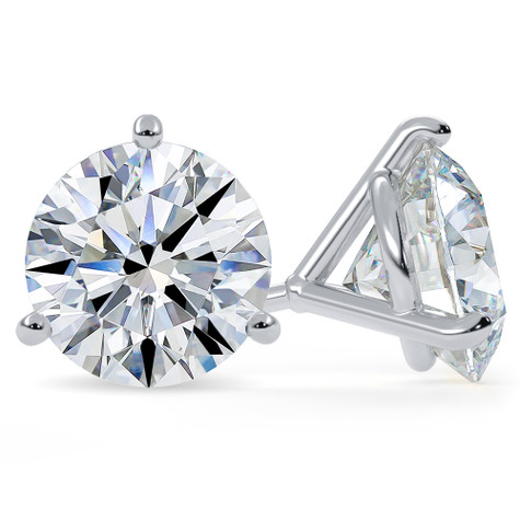 Round 3 carat each lab grown diamond simulant cubic zirconia three prong martini stud earrings in platinum.