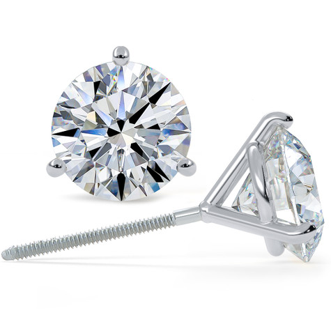 Round 3 carat each lab grown diamond alternative cubic zirconia three prong martini stud earrings in platinum.