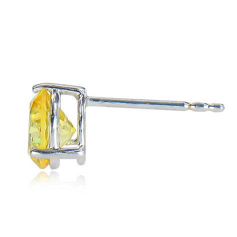 Three prong 1 carat each round canary lab grown diamond alternative cubic zirconia single stud earring in 14k white gold.