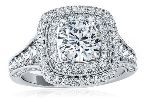 Camden 2 carat round laboratory grown diamond look cubic zirconia double halo solitaire engagement ring in platinum.