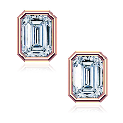 Emerald step cut bezel set lab grown diamond simulant cubic zirconia stud earrings in 14k rose gold.