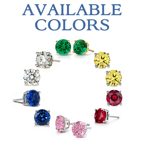 Lab grown diamond quality cubic zirconia stud earrings shown in canary yellow, pink and man made sapphire blue, emerald green and ruby red gemstones.
