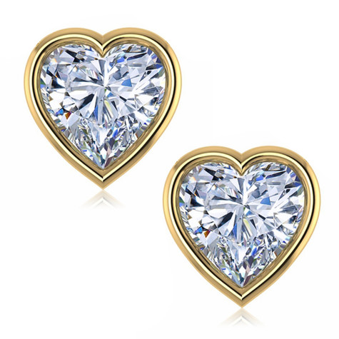 Heart shape bezel set lab grown diamond alternative cubic zirconia stud earrings 14k yellow gold.