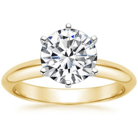 Round 3 Carat six prong solitaire engagement ring with russian formula lab grown diamond alternative cubic zirconia in 14K Yellow Gold with white gold prongs.