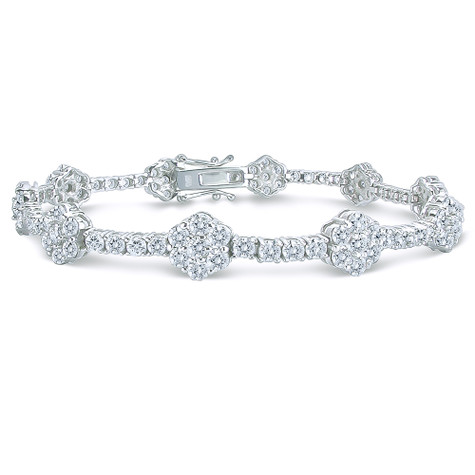 Flora Round Flower Design Line Tennis Bracelet with laboratory grown diamond alternative cubic zirconia in 14k white gold.