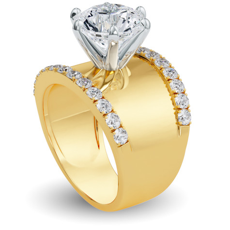 Glossier Round and Pave Solitaire Wide Cigar Band Ring with lab grown diamond look cubic zirconia in 14k yellow gold.