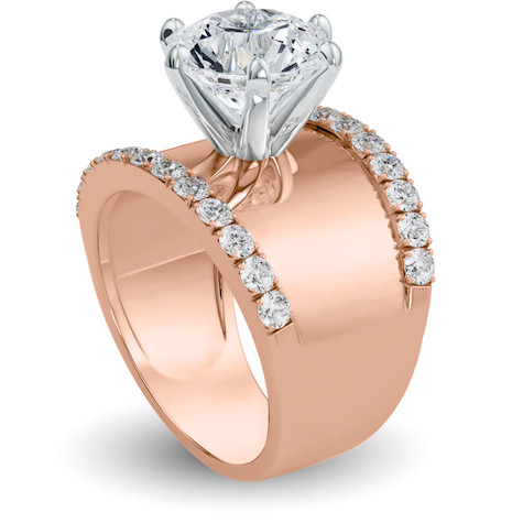 Glossier Round and Pave Solitaire Wide Cigar Band Ring with lab grown diamond alternative cubic zirconia in 14k rose gold.