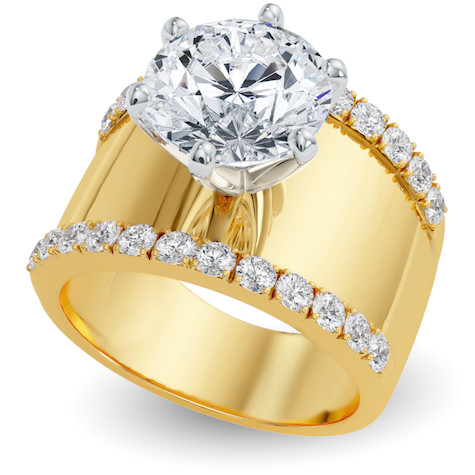 Glossier Round and Pave Solitaire Wide Cigar Band Ring with lab grown diamond quality cubic zirconia in 14k yellow gold.
